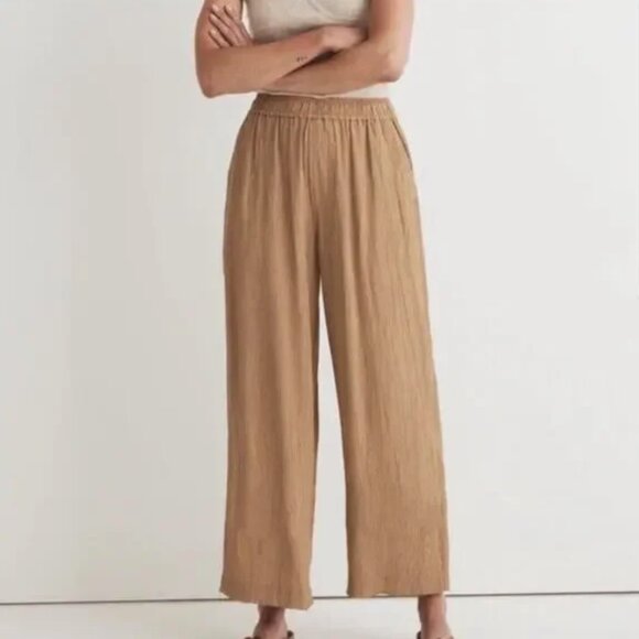 MADEWELL (NWT) Khaki Crinkle Crepe Pull On Wide Leg Cropped Pants, Size S - Picture 1 of 12